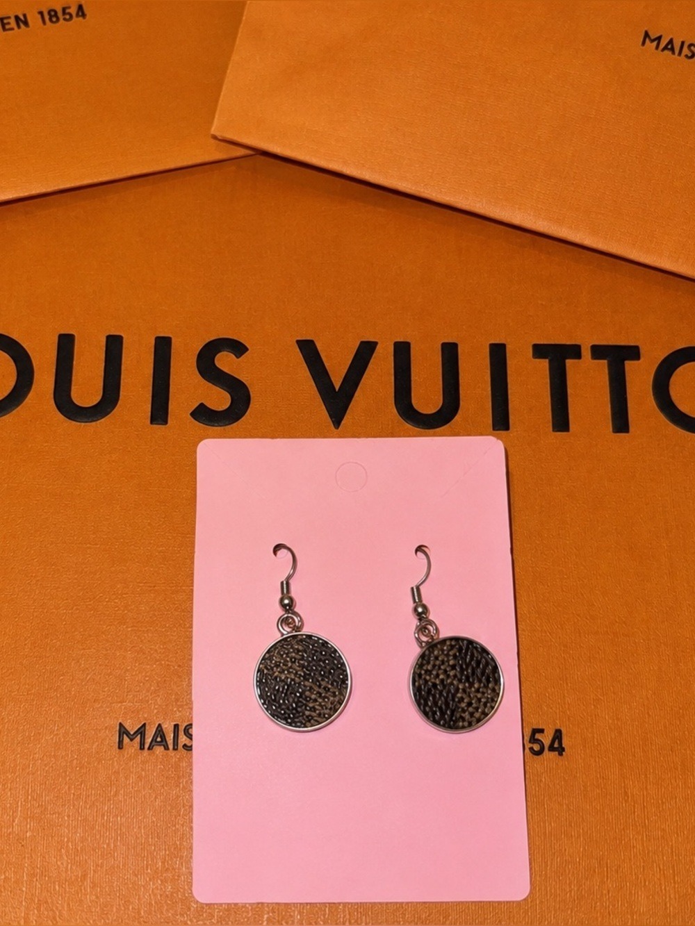Handmade Silver Tone Brown Damier Canvas Drop Earrings